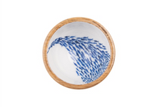 Load image into Gallery viewer, Blue and White Fish Shoal Design Wooden Nut and Nibbles Bowl by Shoeless Joe
