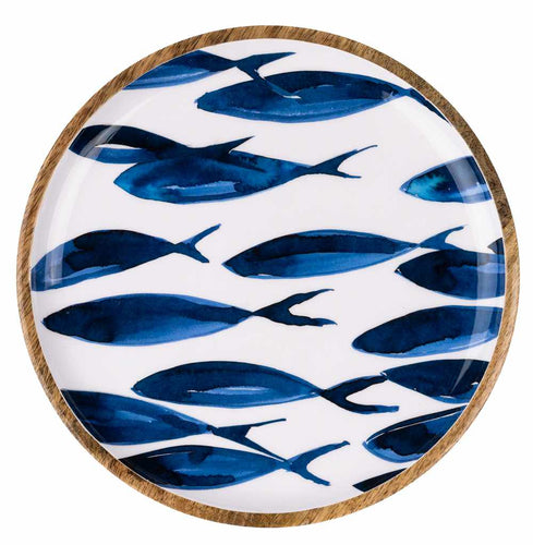 Blue and White Ocean Fish Design Wooden Large 30cm Platter by Shoeless Joe
