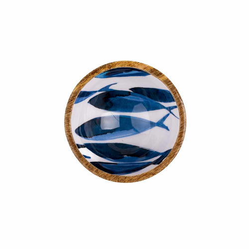 Blue & White Ocean Fish Design Wooden Nut and Nibbles Bowl by Shoeless Joe