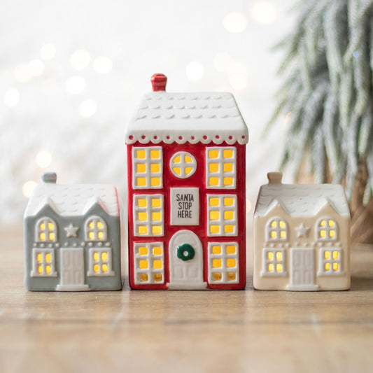 Set of 3 Christmas Village Ceramic Light Up Houses with LED
