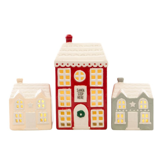 Set of 3 Christmas Village Ceramic Light Up Houses with LED