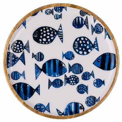 Blue and White Barrier Reef Design Wooden Large 30cm Platter by Shoeless Joe 