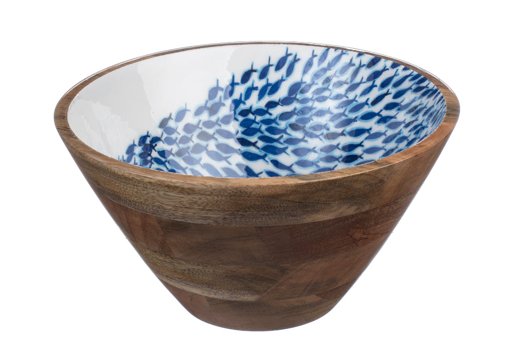Blue and White Fish Swirl Design Wooden Large 30cm Bowl by Shoeless Joe