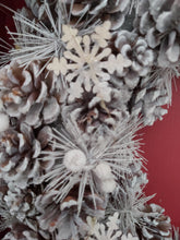 Load image into Gallery viewer, XL Winter Wonderland White Christmas Pinecone Wreath with Snowflakes and LED lighting 48cm by Amalfi
