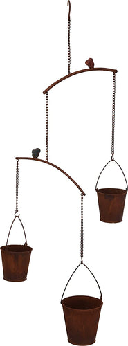 Rustic Metal Hanging Herb or Succulents Garden with 3 Pots and Birds