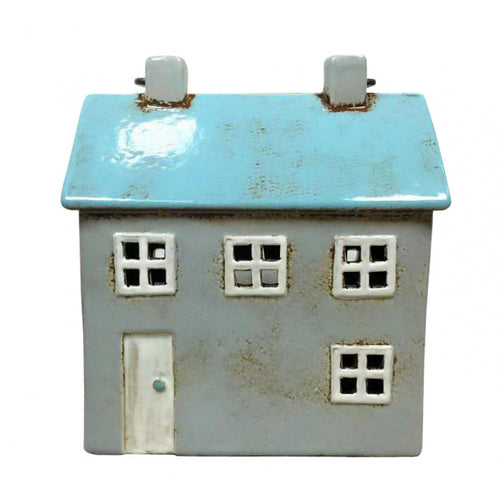 Large Aqua and Grey Pottery Tealight Cottage House Lantern with Handle