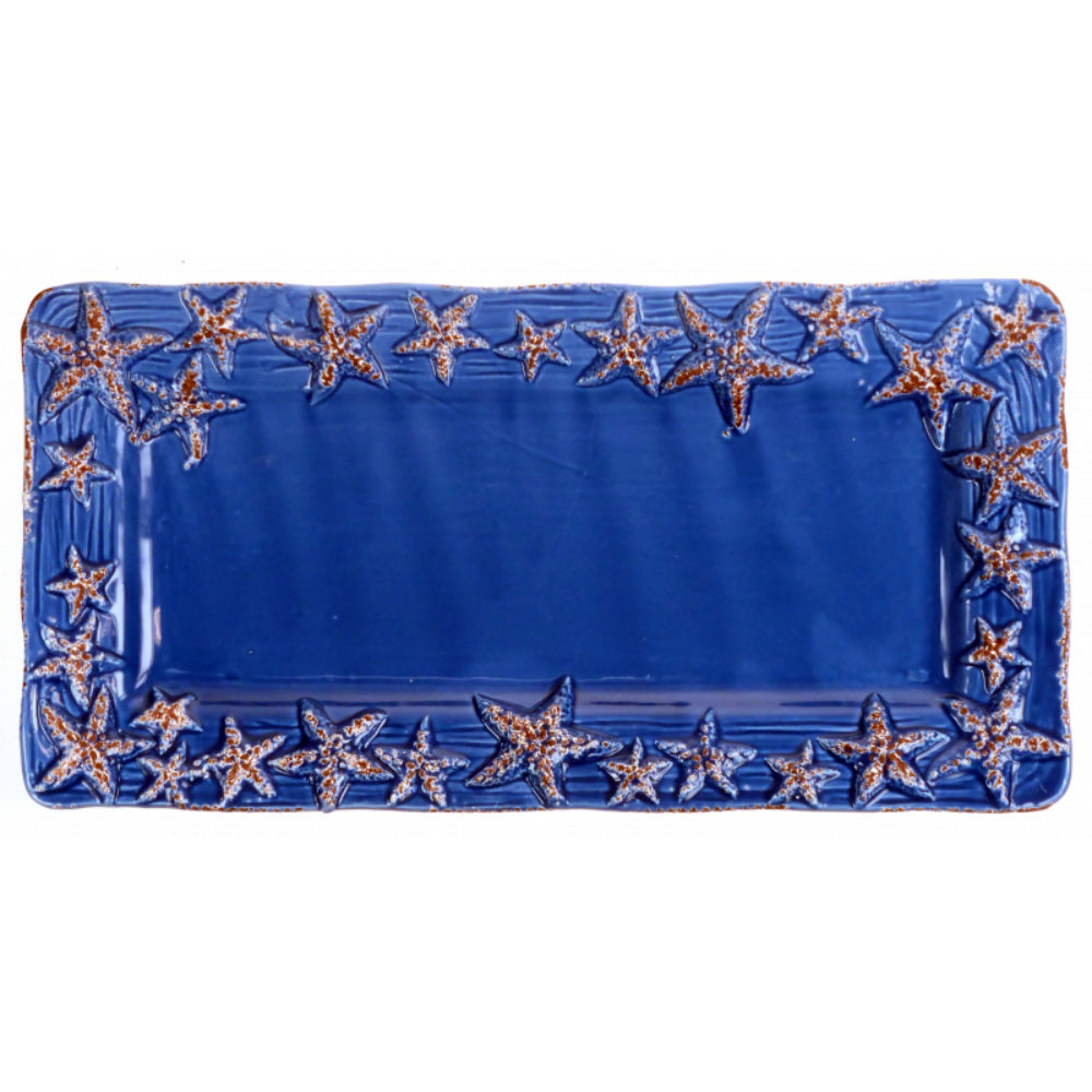 Cobalt Blue Ceramic Sealife Serving Platter with Starfish Design