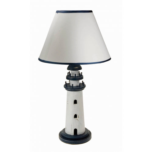 Wooden Blue and White Lighthouse Nautical Lamp Base with Shade