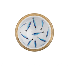 Load image into Gallery viewer, NEW Blue &amp; White Sardines Design Wooden Nut and Nibbles Bowl by Shoeless Joe
