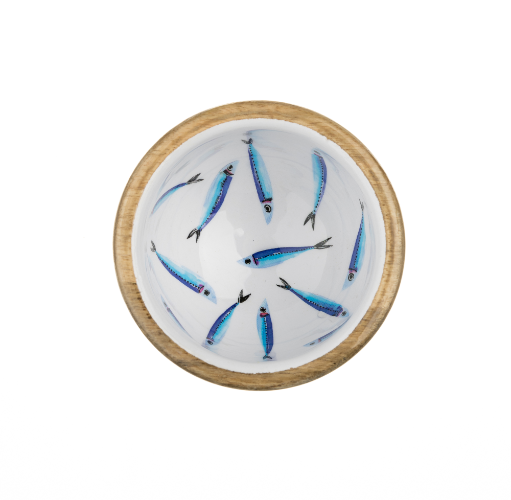 NEW Blue & White Sardines Design Wooden Nut and Nibbles Bowl by Shoeless Joe