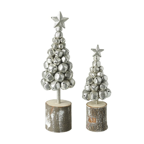 Silver Metal and Wood Christmas Jingle Bell Trees Set of 2