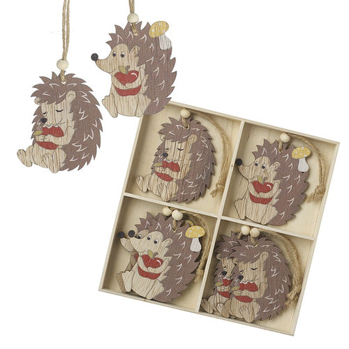 Cute Wooden Christmas Hedgehog Hanging Tree Decorations Bauble Set of 8