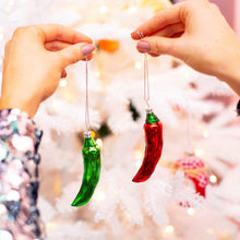 Load image into Gallery viewer, Set of 2 Red and Green Glistening Chilli Pepper Christmas Tree Baubles by Sass &amp; Belle
