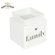 Load image into Gallery viewer, White Ceramic Oil Burner or Wax Melter with Cut Out Design - Family, Home or Love
