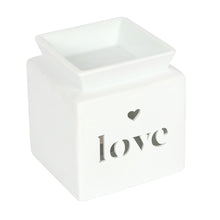 Load image into Gallery viewer, White Ceramic Oil Burner or Wax Melter with Cut Out Design - Family, Home or Love
