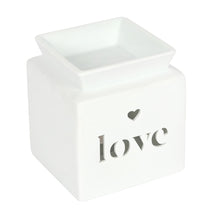 Load image into Gallery viewer, White Ceramic Oil Burner or Wax Melter with Cut Out Design - Family, Home or Love
