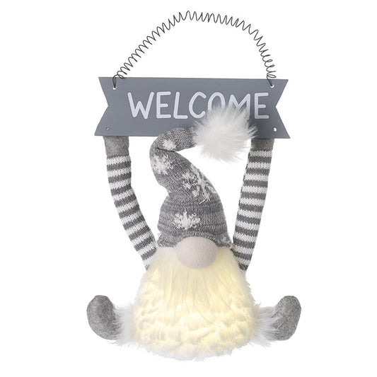 Light Up Hanging Welcome Nordic Gonk Gnome with Grey Snowflake Hat
