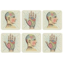 Load image into Gallery viewer, Phrenology  and Palmistry Tattoo Design Coasters - Box of 6
