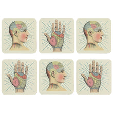 Load image into Gallery viewer, Phrenology  and Palmistry Tattoo Design Coasters - Box of 6