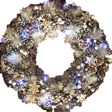 Load image into Gallery viewer, XL Winter Wonderland White Christmas Pinecone Wreath with Snowflakes and LED lighting 48cm by Amalfi