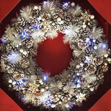 Load image into Gallery viewer, XL Winter Wonderland White Christmas Pinecone Wreath with Snowflakes and LED lighting 48cm
