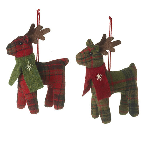 Set of 2 Hanging Fabric Highlands Tartan Reindeer with Scarves 16cm