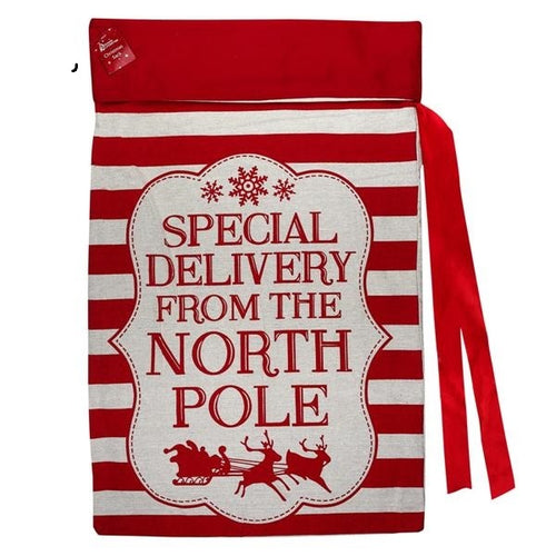 Large Natural and Red Printed Calico & Felt North Pole Special Delivery Present Sack