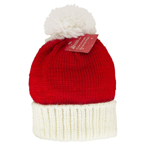 Adult Size Christmas Red & White Santa Style Knitted Bobble Hat