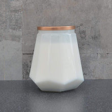 Load image into Gallery viewer, Amber Smoke Large White Hexagonal Candle with Rose Gold Metal Lid 480g by Candlelight