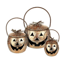 Load image into Gallery viewer, Set of 3 Burnished Gold Metal Pumpkin Cauldron Lanterns
