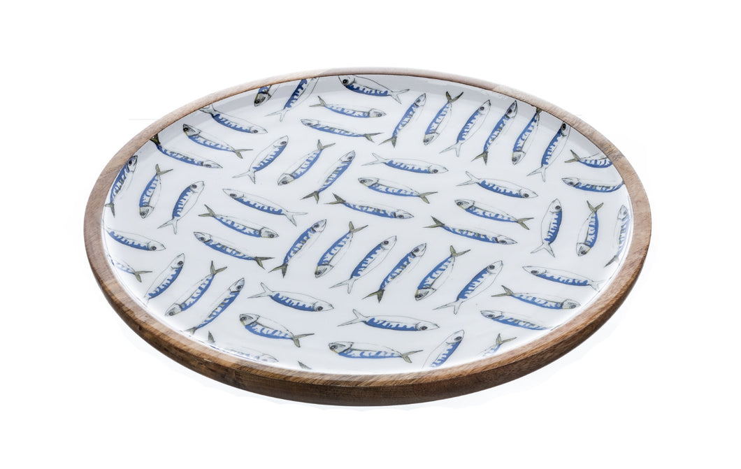 Blue and White Three Fishes Mackerel Design Wooden Large 33cm Platter by Shoeless Joe