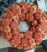 Load image into Gallery viewer, Large All Burnt Orange Velvet Pumpkin Seasonal Halloween Wreath Decoration
