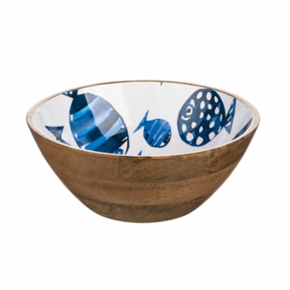 Blue and White Barrier Reef Fish Wooden Large 30cm Bowl by Shoeless Joe