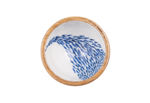 Blue and White Fish Shoal Design Wooden Nut and Nibbles Bowl by Shoeless Joe