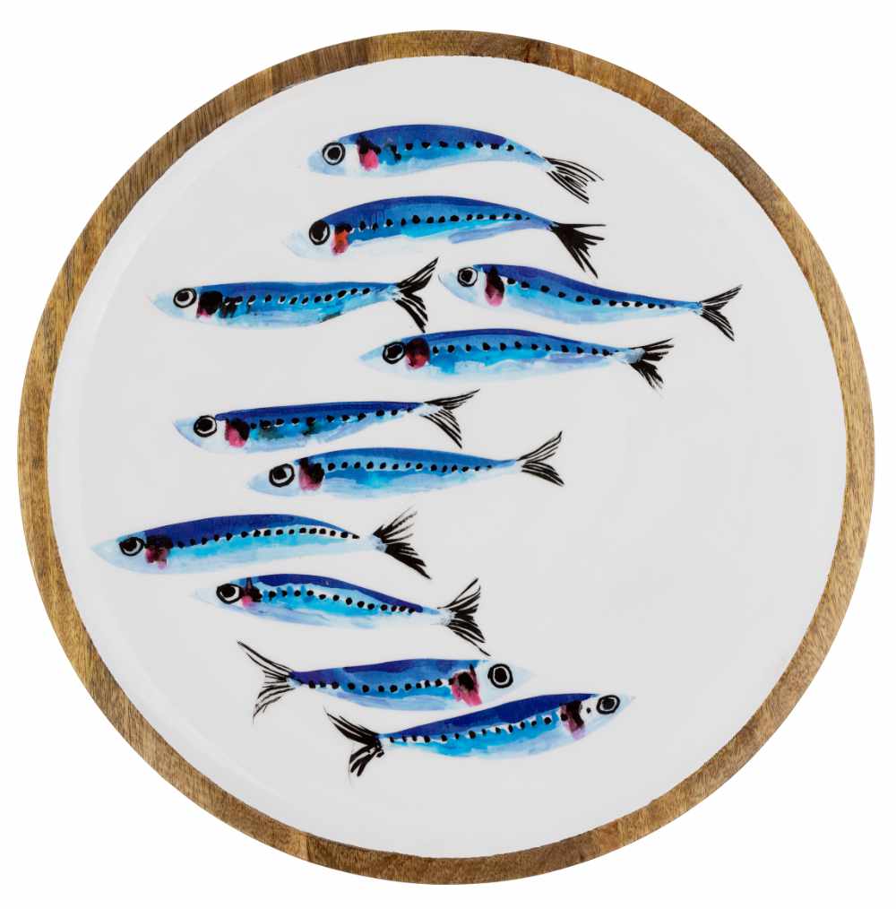 Blue and White Sardines Design Wooden Large 33cm Platter by Shoeless Joe