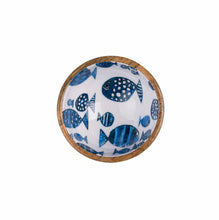Load image into Gallery viewer, Blue &amp; White Barrier Reef Fish Design Wooden Nut and Nibbles Bowl by Shoeless Joe 
