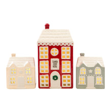 Load image into Gallery viewer, Set of 3 Christmas Village Ceramic Light Up Houses with LED
