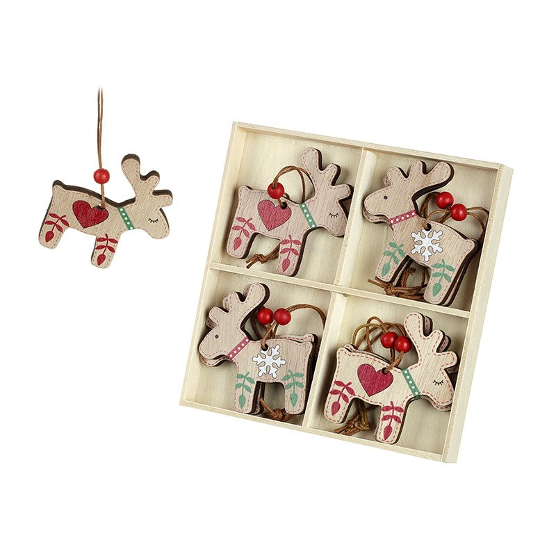 Nordic Style Reindeer Wooden Christmas Character Hanging Tree Decorations Bauble Set of 8