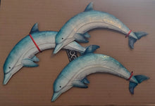 Load image into Gallery viewer, Blue Trio of Leaping Dolphins Metal Wall Art by Shoeless Joe
