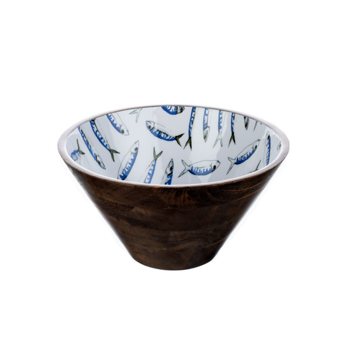 Blue and White Three Fishes Mackerel Design Wooden Large 30cm Bowl by Shoeless Joe