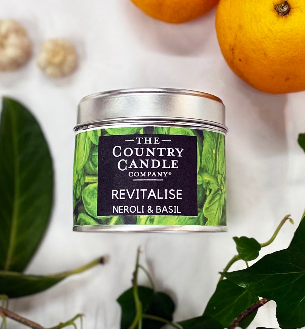 Wellbeing Revitalise Neroli and Basil Vegan Candle Tin by The Country Candle Company
