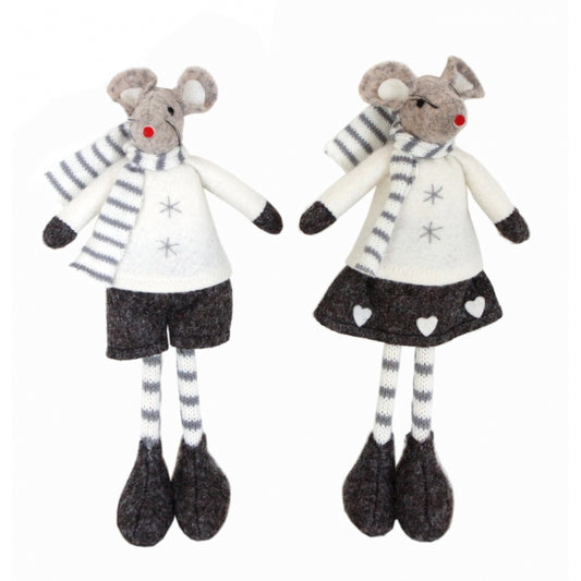 Pair of Cute Cream and Grey Christmas Mouse Standing Decorations 23cm