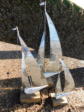 Load image into Gallery viewer, Set of 3 Silver Metal Sailboats Display Ornaments by Shoeless Joe
