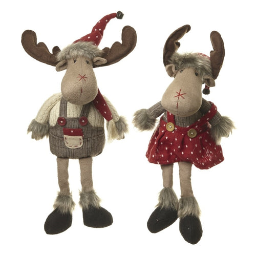 Set of 2 Long Leg Shelf Sitting Boy & Girl Moose Christmas Decorations-The Useful Shop