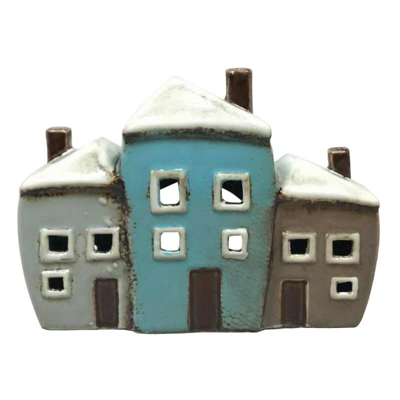 Charming Row of Houses Tealight Votive Holder - Blue and Grey - Pottery House Candle Holder