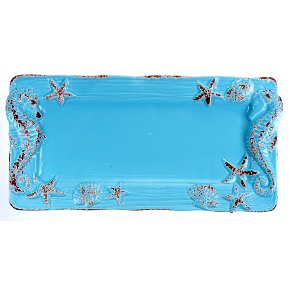 Sky Blue Ceramic Sealife Serving Plate with Seahorses and Stars