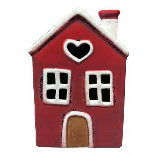 Red and White Love Heart Rustic Pottery Tealight Cottage House Lantern