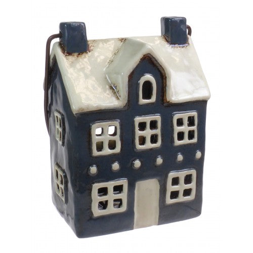 Navy Glazed Pottery Quayside Town House Candle Lantern with Handle