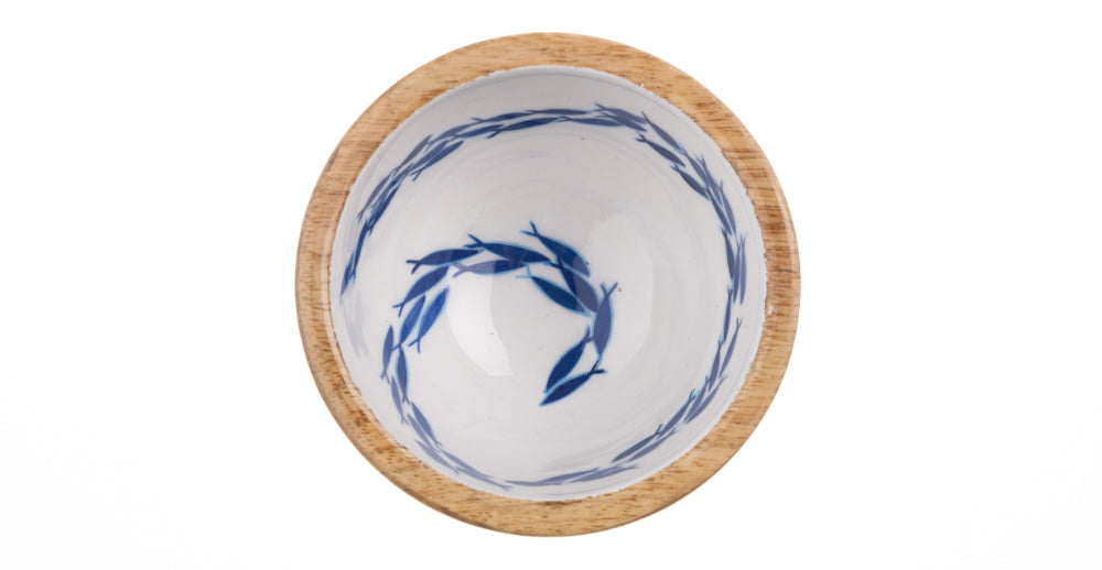 Blue and White Fish Swirl Design Wooden Nut and Nibbles Bowl by Shoeless Joe