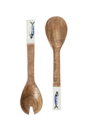 Blue & White Mackerel Fish Design Wooden Salad Servers by Shoeless Joe